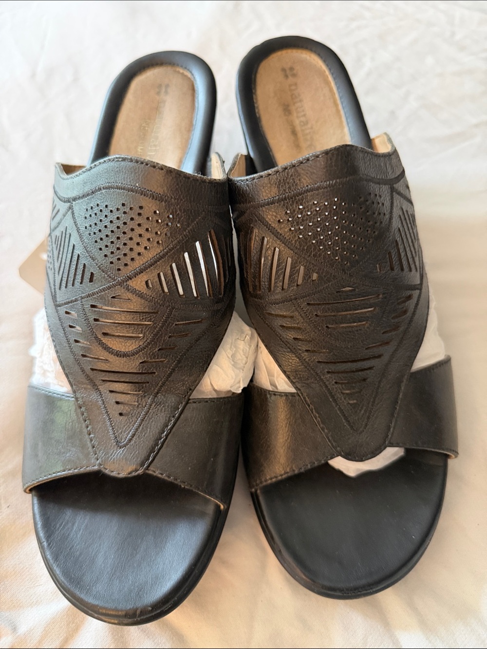 Naturalizer Black Laser-Cut Leather Slide Mules